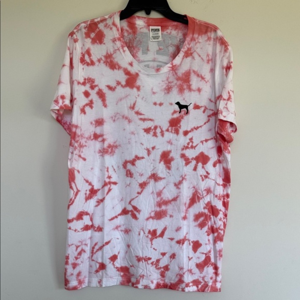 PINK Victoria's Secret Red and White Tie-Dye Tee